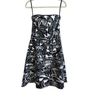 White House Black Market Strapless Floral Midi‎ Dress Size 4 Black White
